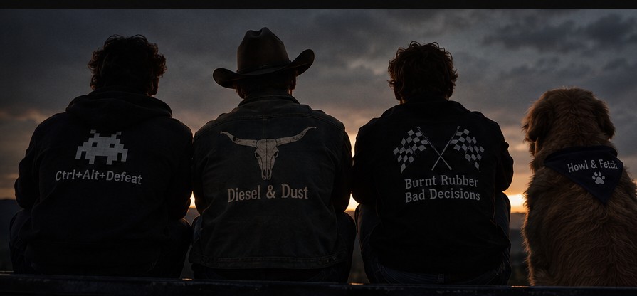 Three guys and a golden retriever/husky mix sitting on a truck bed at sunset, each wearing a jacket branded with their scent line